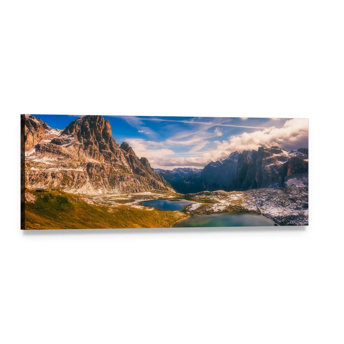 Del Piani Alpine Lakes Panoramic Canvas Wall Art, single panel gallery wrapped canvas, angled product view