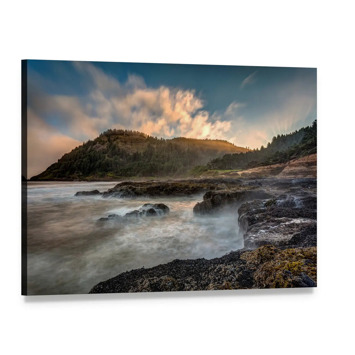 Cape Perpetua Rocky Coast at Sunset Canvas Wall Art, single panel gallery wrapped canvas, angled product view