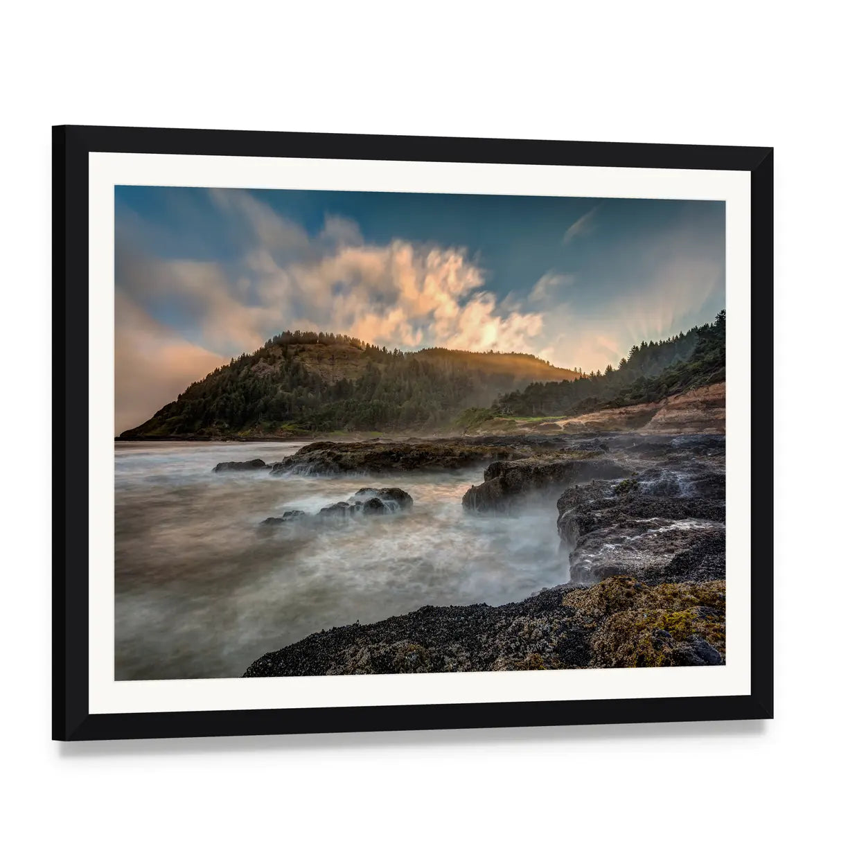 Cape Perpetua Rocky Coast at Sunset Canvas Wall Art, framed print with white mat and black frame, angled product view