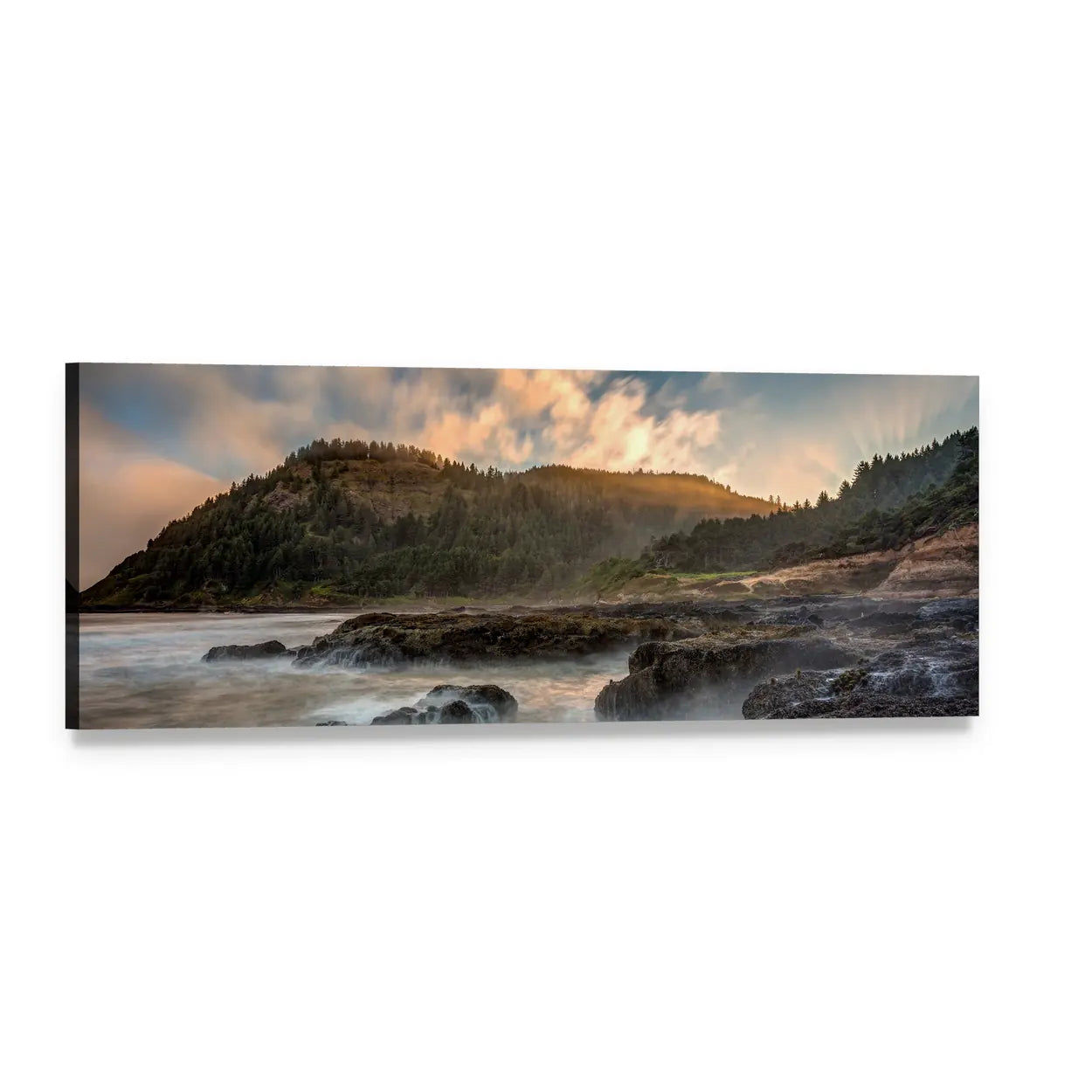 Oregon Coast Shoreline at Sunset Panoramic Canvas Wall Art, single panel gallery wrapped canvas, angled product view