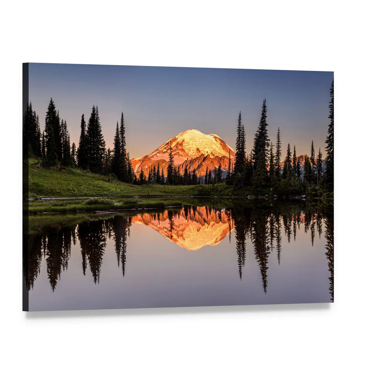 Mount Rainier Sunset Reflection Canvas Wall Art, single panel gallery wrapped canvas, angled product view