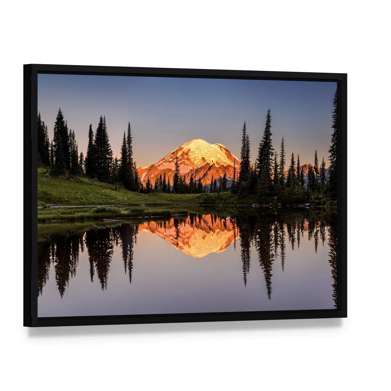 Mount Rainier Sunset Reflection Canvas Wall Art, framed canvas in a black floater frame, angled product view