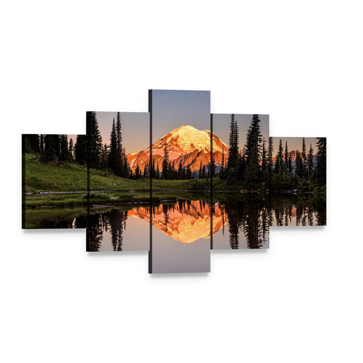 Mount Rainier Sunset Reflection Canvas Wall Art, 5 panel 5 Star layout gallery wrapped canvas set, angled product view