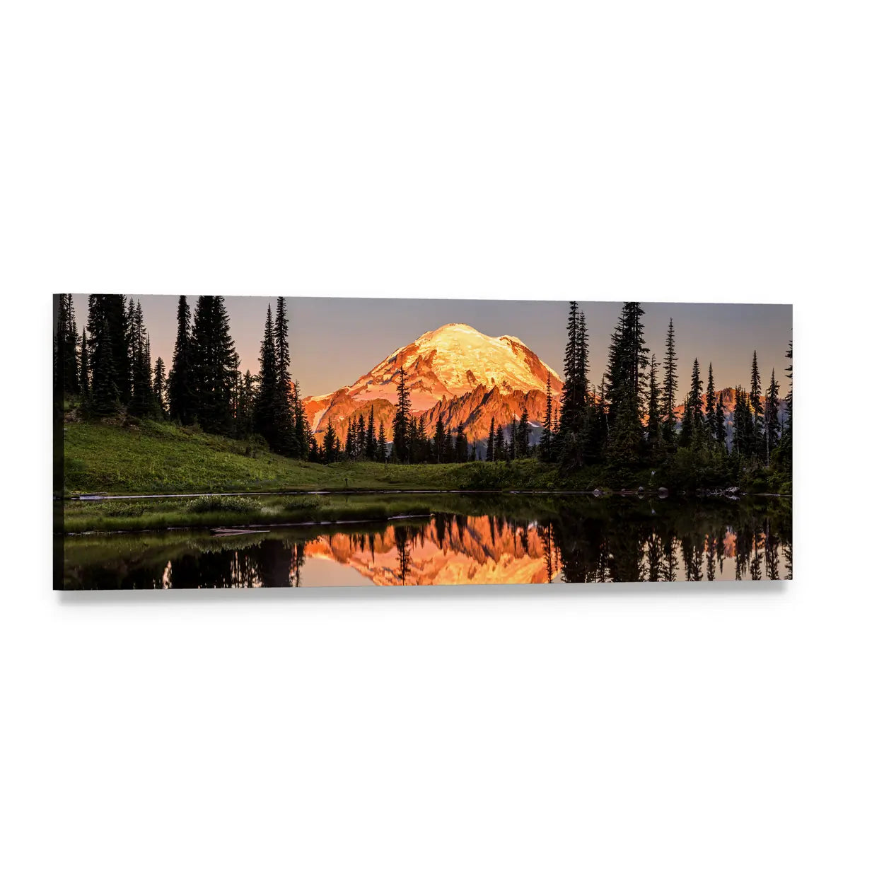 Mount Rainier Reflection at Sunset Panoramic Canvas Wall Art, single panel gallery wrapped canvas, angled product view