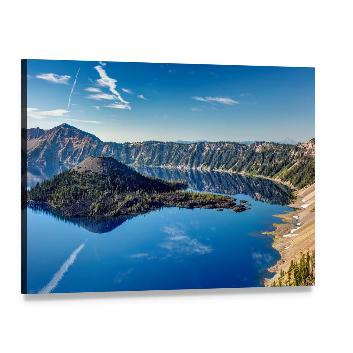 Wizard Island in Blue Volcanic Lake Canvas Wall Art, single panel gallery wrapped canvas, angled product view