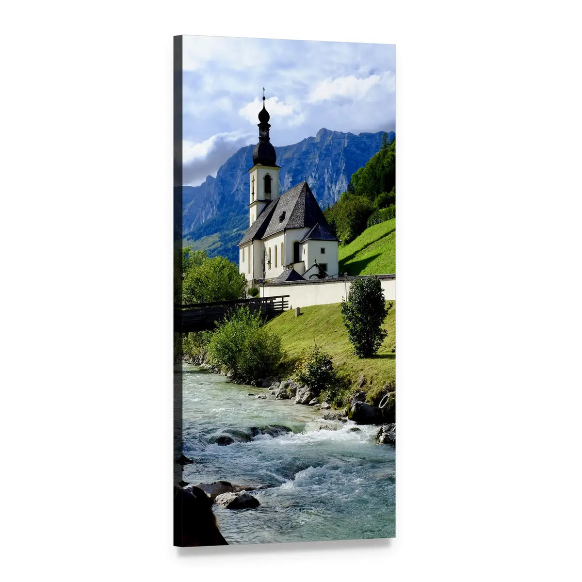 Berchtesgaden River with Church and Mountains Vertical Canvas Wall Art, 1 panel 1 Vertical layout gallery wrapped canvas set, angled product view