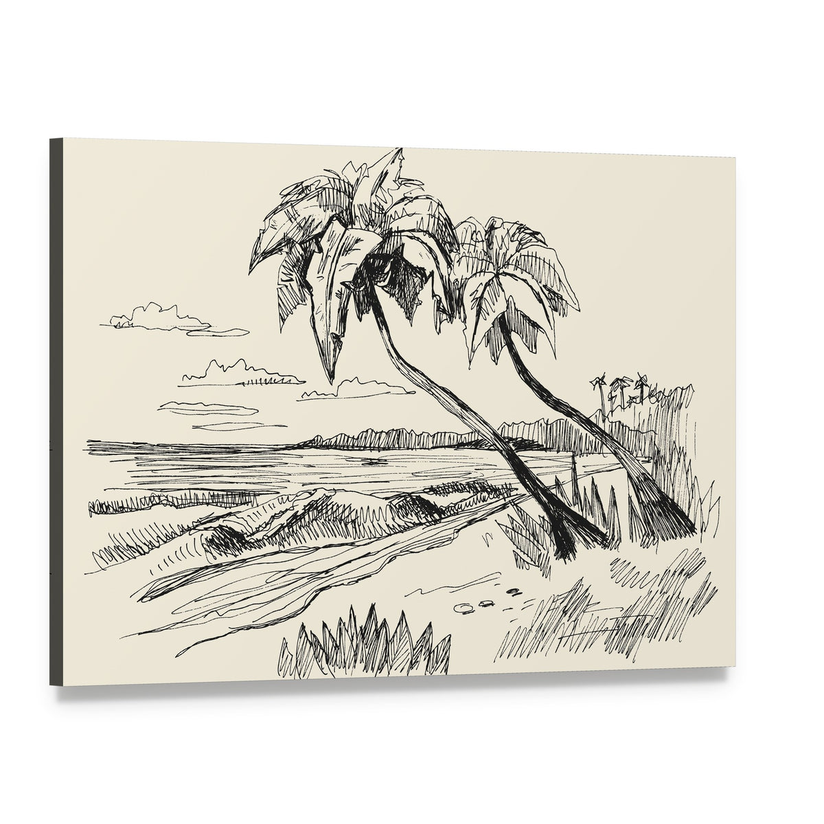 Hand-drawn Beach with Two Leaning Palms Canvas Wall Art, single panel gallery wrapped canvas, angled product view