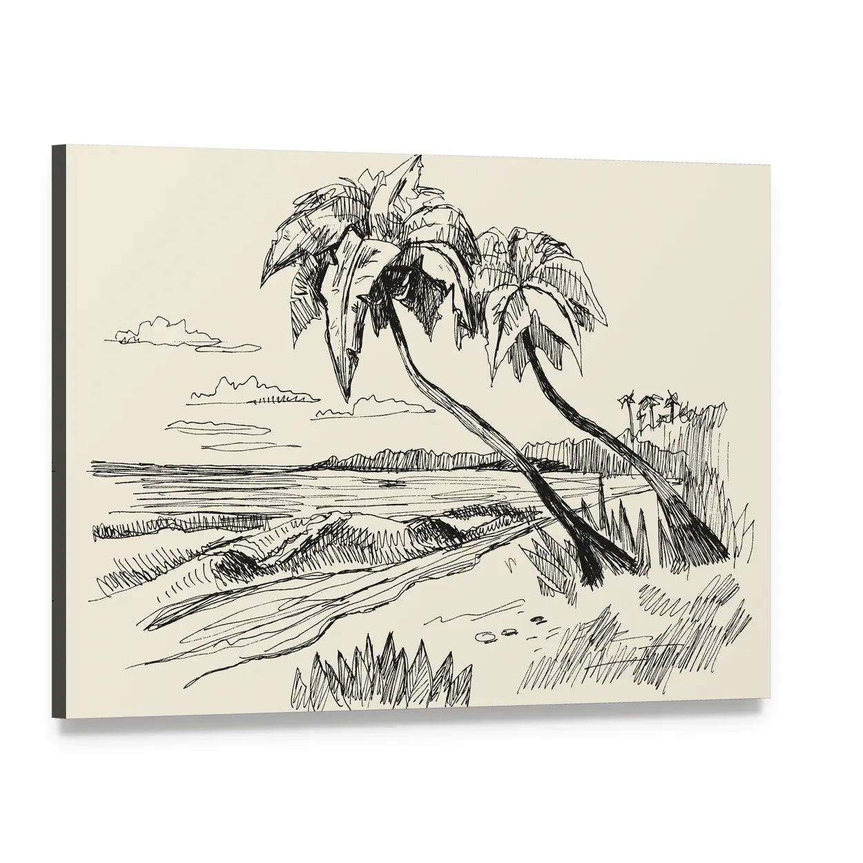 Hand-drawn Beach Sketch with Leaning Palm Trees Canvas Wall Art, single panel gallery wrapped canvas, angled product view