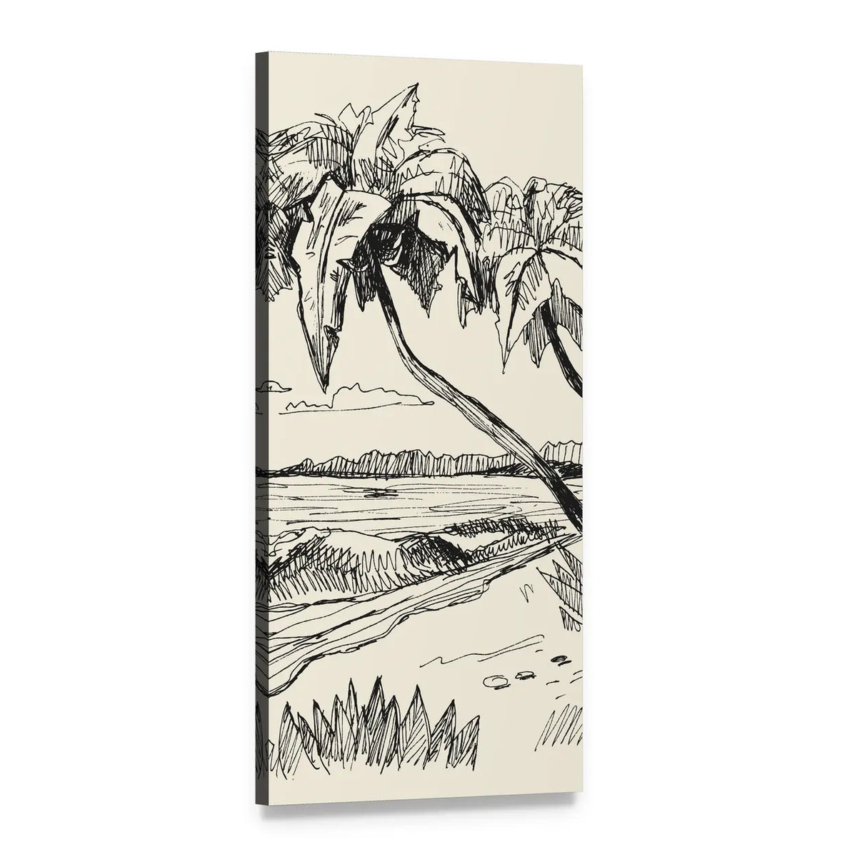 Palm Tree Beach Pen and Ink Sketch Vertical Canvas Wall Art, 1 panel 1 Vertical layout gallery wrapped canvas set, angled product view