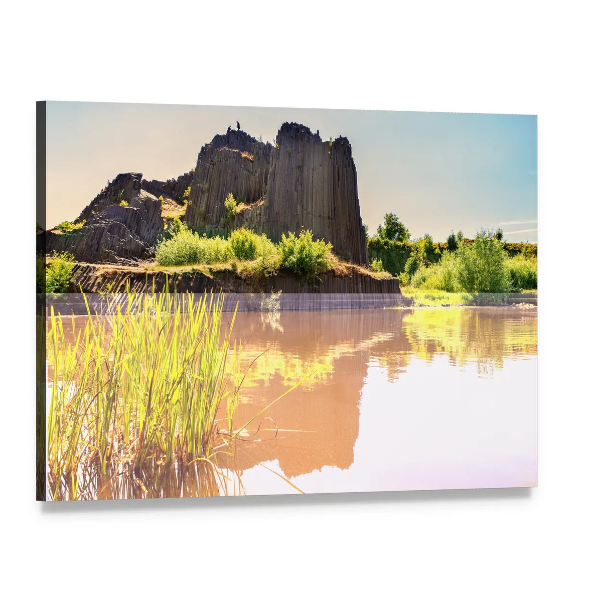 Basalt Columns Reflected in Lake Canvas Wall Art, single panel gallery wrapped canvas, angled product view