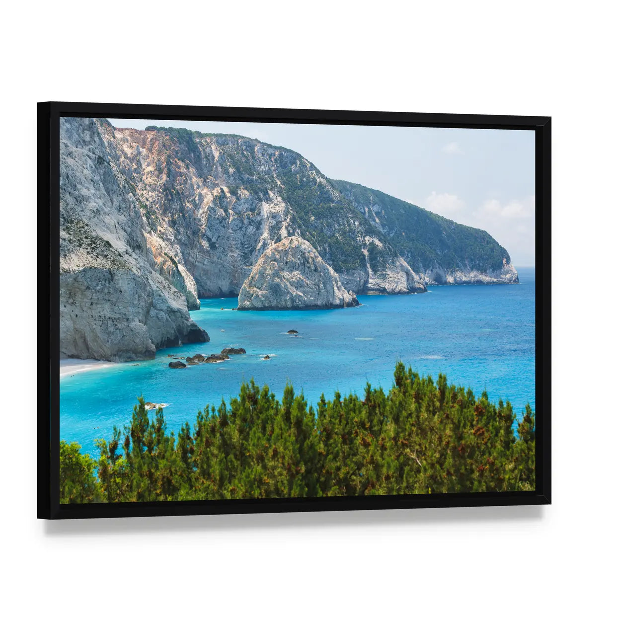 Porto Katsiki Coast, Lefkada Canvas Wall Art, framed canvas in a black floater frame, angled product view