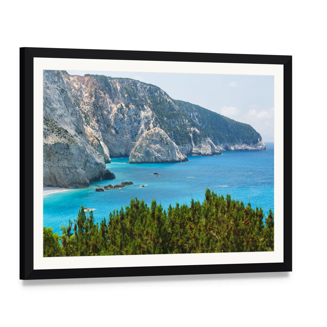 Porto Katsiki Coast, Lefkada Canvas Wall Art, framed print with white mat and black frame, angled product view
