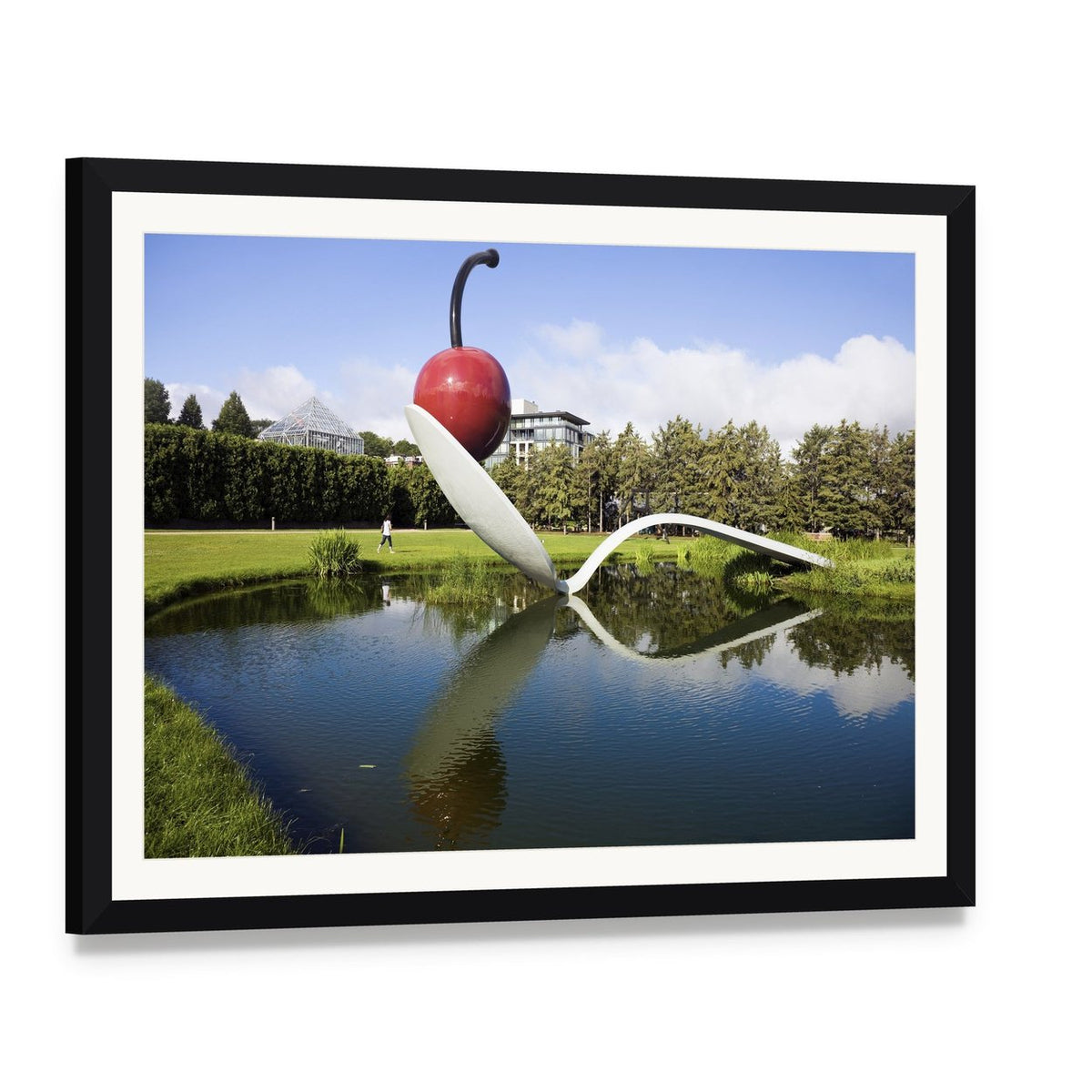 Spoonbridge and Cherry Sculpture Canvas Wall Art, framed print with white mat and black frame, angled product view