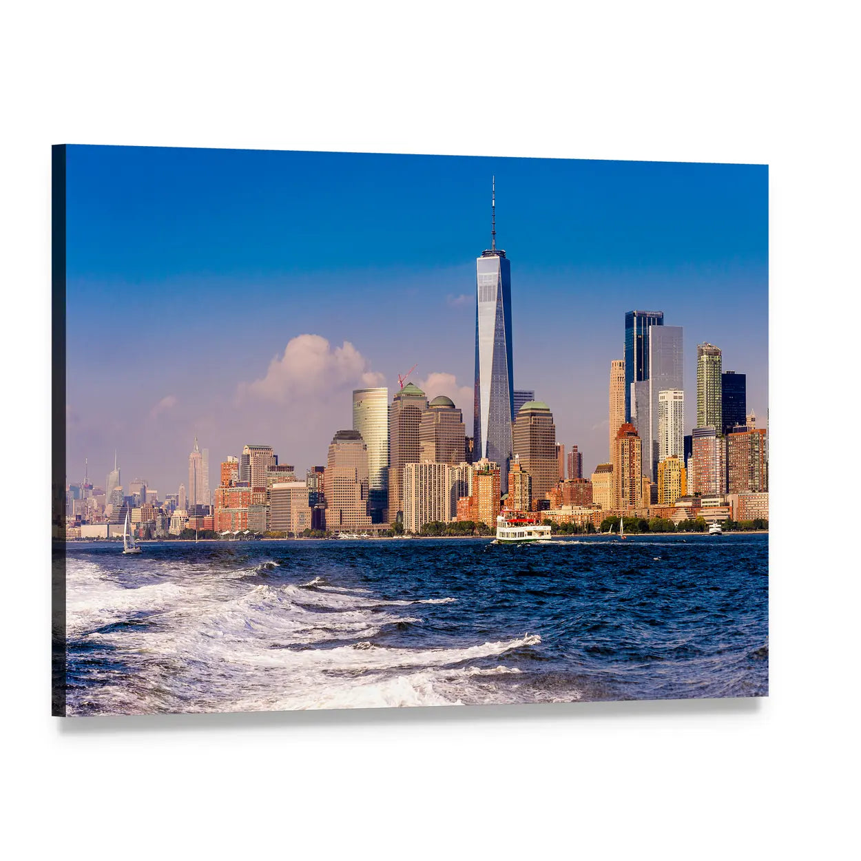 One World Trade Center Skyline Over Water Canvas Wall Art, single panel gallery wrapped canvas, angled product view