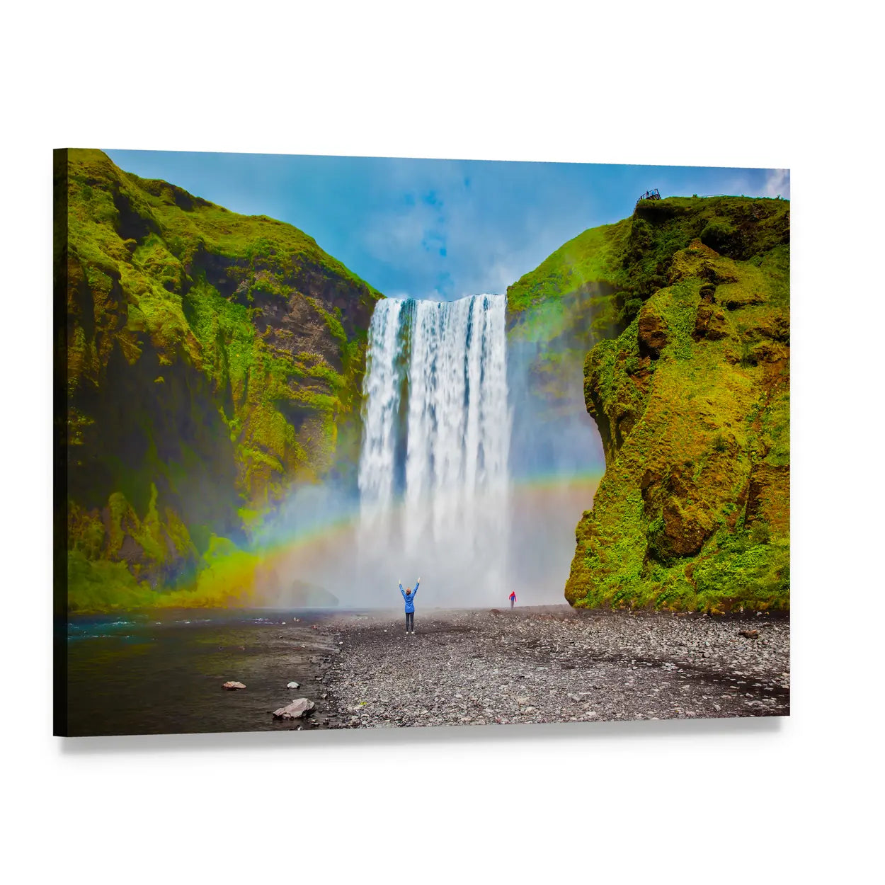Waterfall with Rainbow and Mossy Cliffs Canvas Wall Art, single panel gallery wrapped canvas, angled product view