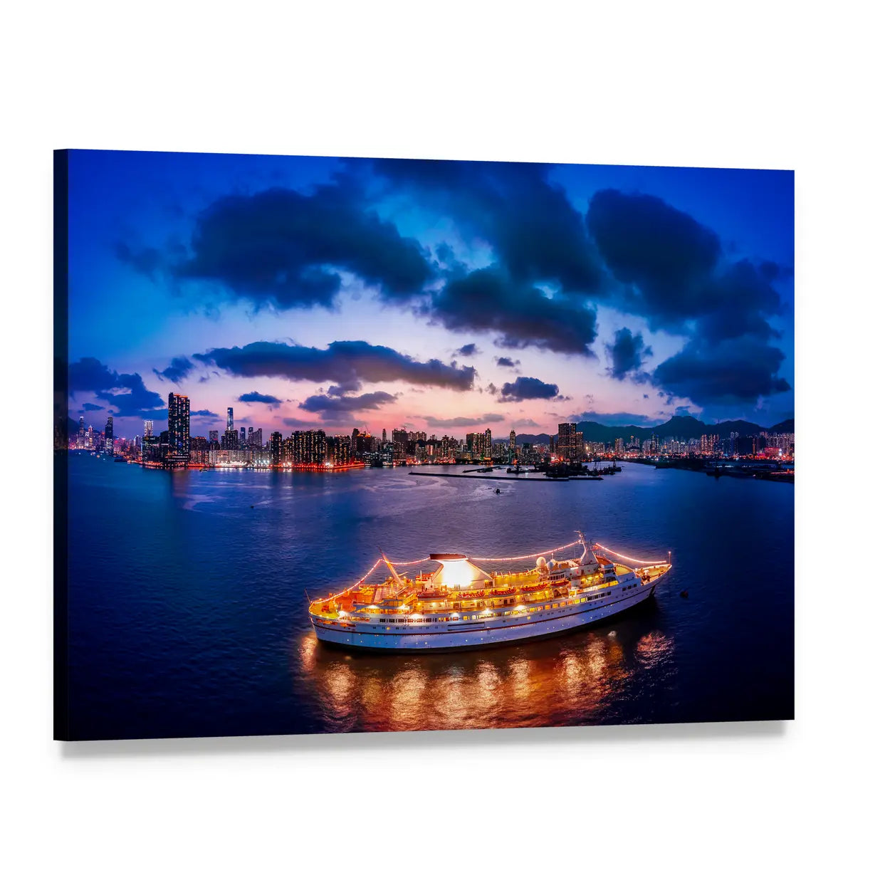 Waterfront Cityscape at Twilight Canvas Wall Art, single panel gallery wrapped canvas, angled product view