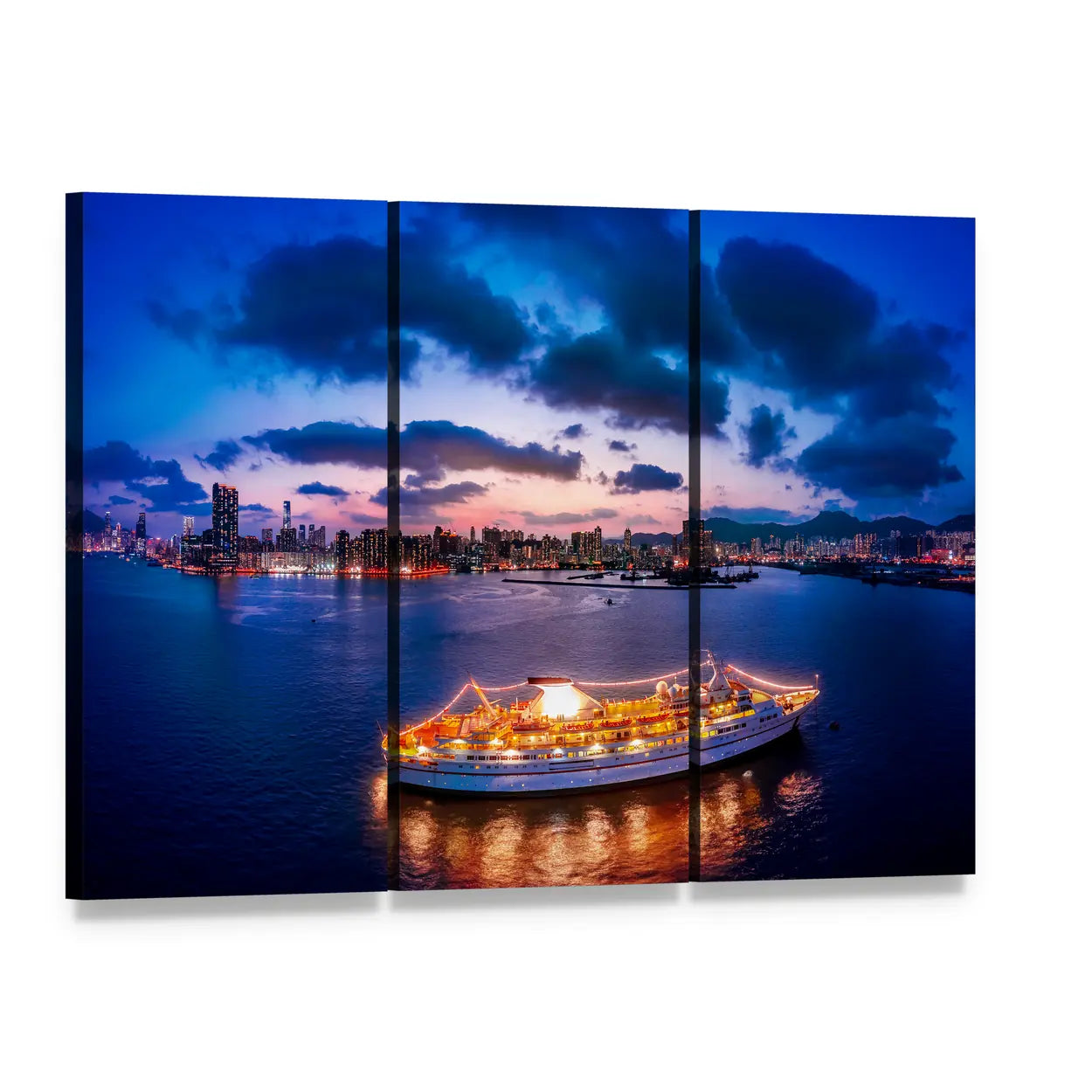 Waterfront Cityscape at Twilight Canvas Wall Art, 3 panel 3 Horizontal layout gallery wrapped canvas set, angled product view