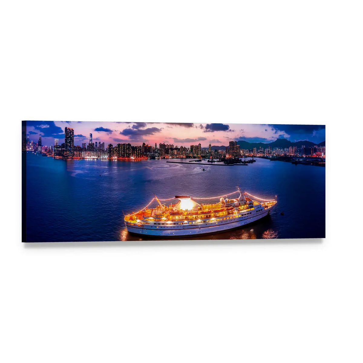 Hong Kong Harbor Twilight Cityscape Panoramic Canvas Wall Art, single panel gallery wrapped canvas, angled product view