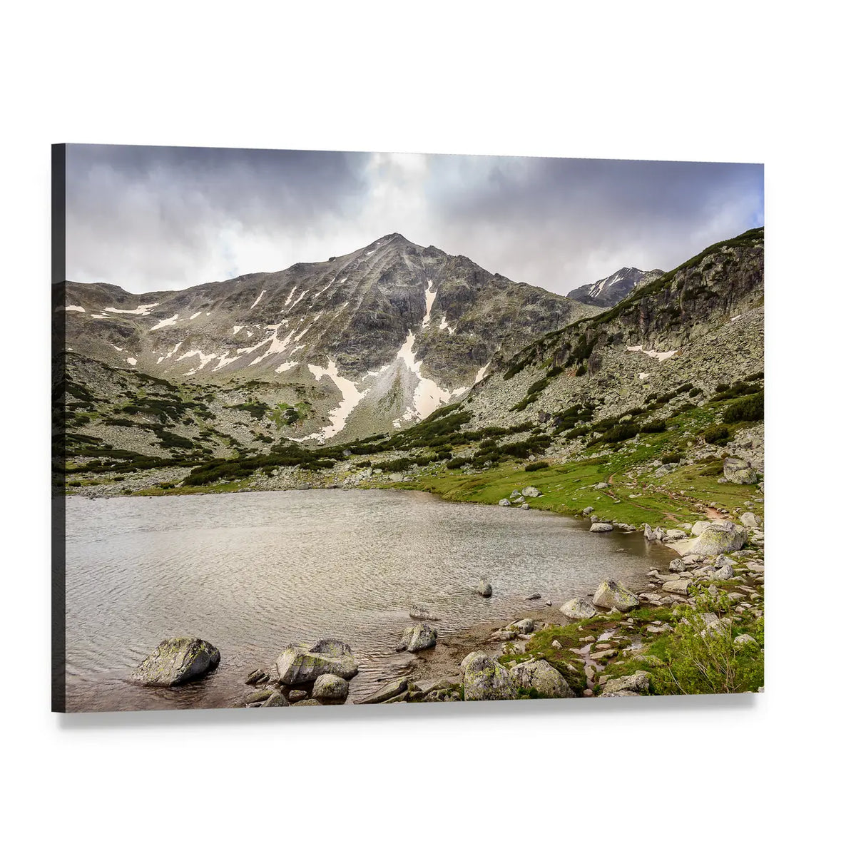 Snow Covered Mountain Lake Landscape Canvas Wall Art, single panel gallery wrapped canvas, angled product view