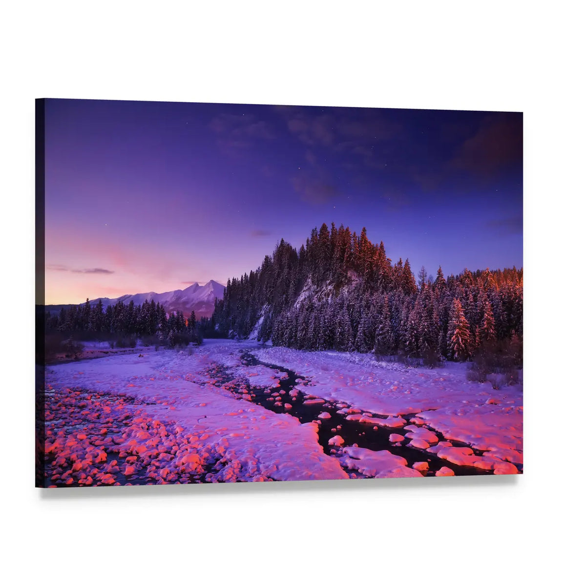 Twilight Winter River Landscape Canvas Wall Art, single panel gallery wrapped canvas, angled product view