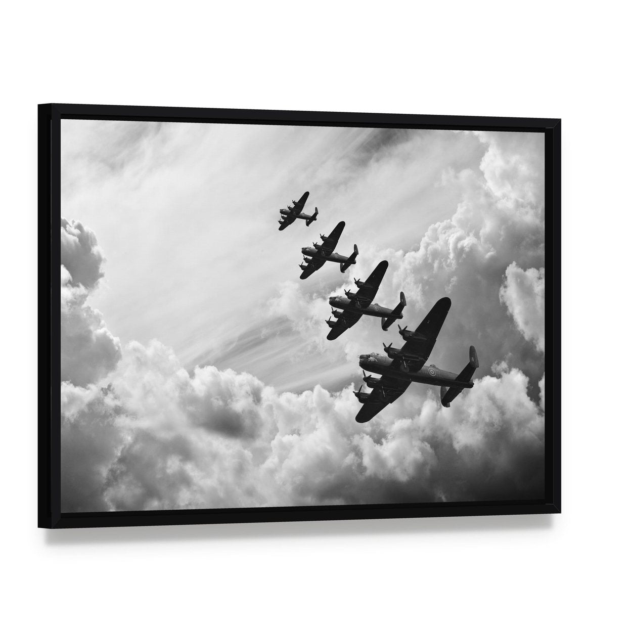 Fighter Jets in World War Canvas Wall Art, framed canvas in a black floater frame, angled product view