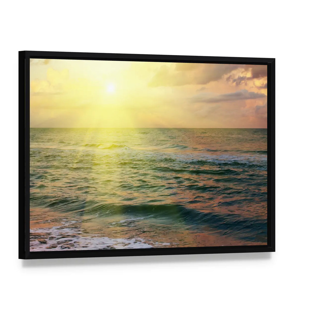 Beautiful Sea Sunset Canvas Wall Art, framed canvas in a black floater frame, angled product view
