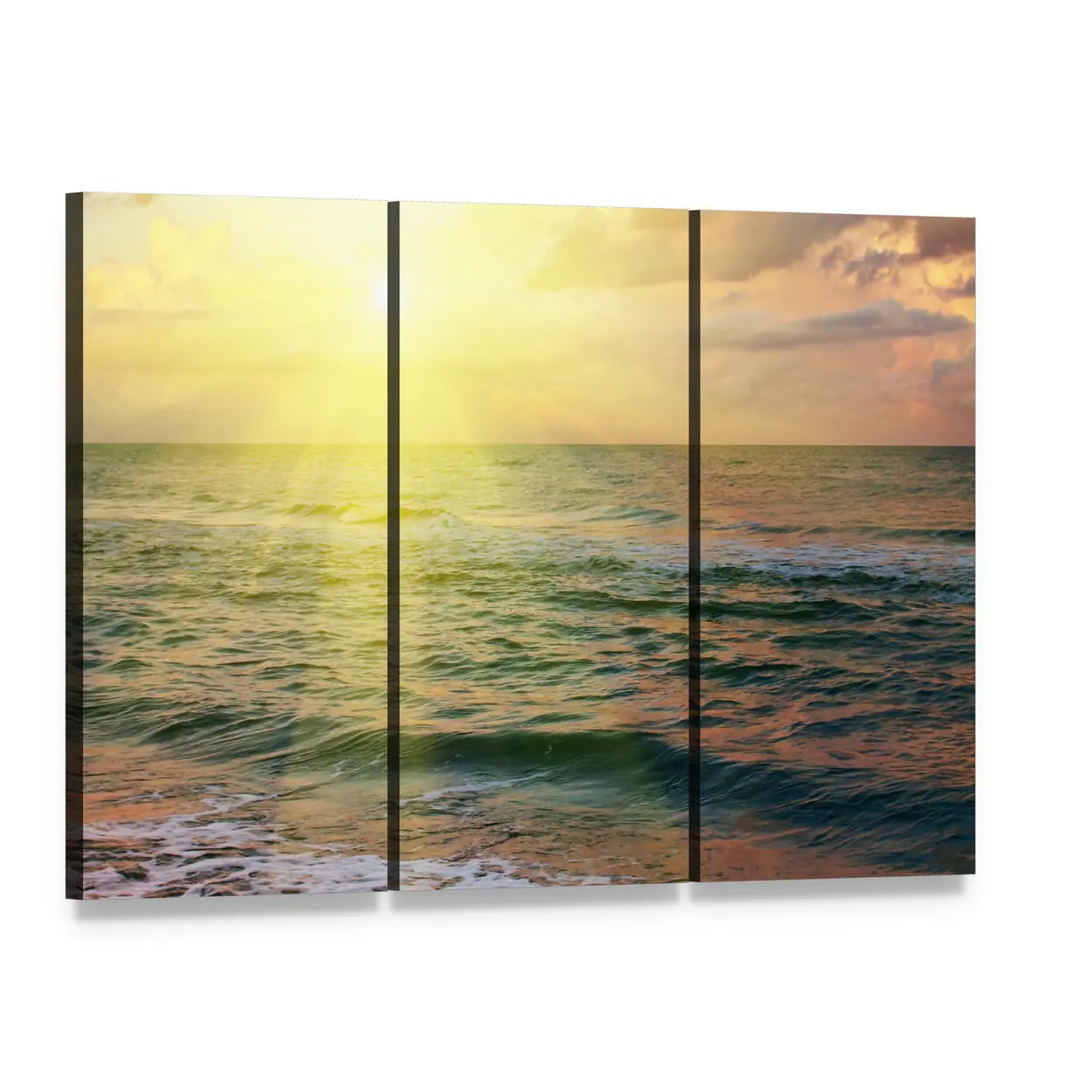 Beautiful Sea Sunset Canvas Wall Art, 3 panel 3 Horizontal layout gallery wrapped canvas set, angled product view