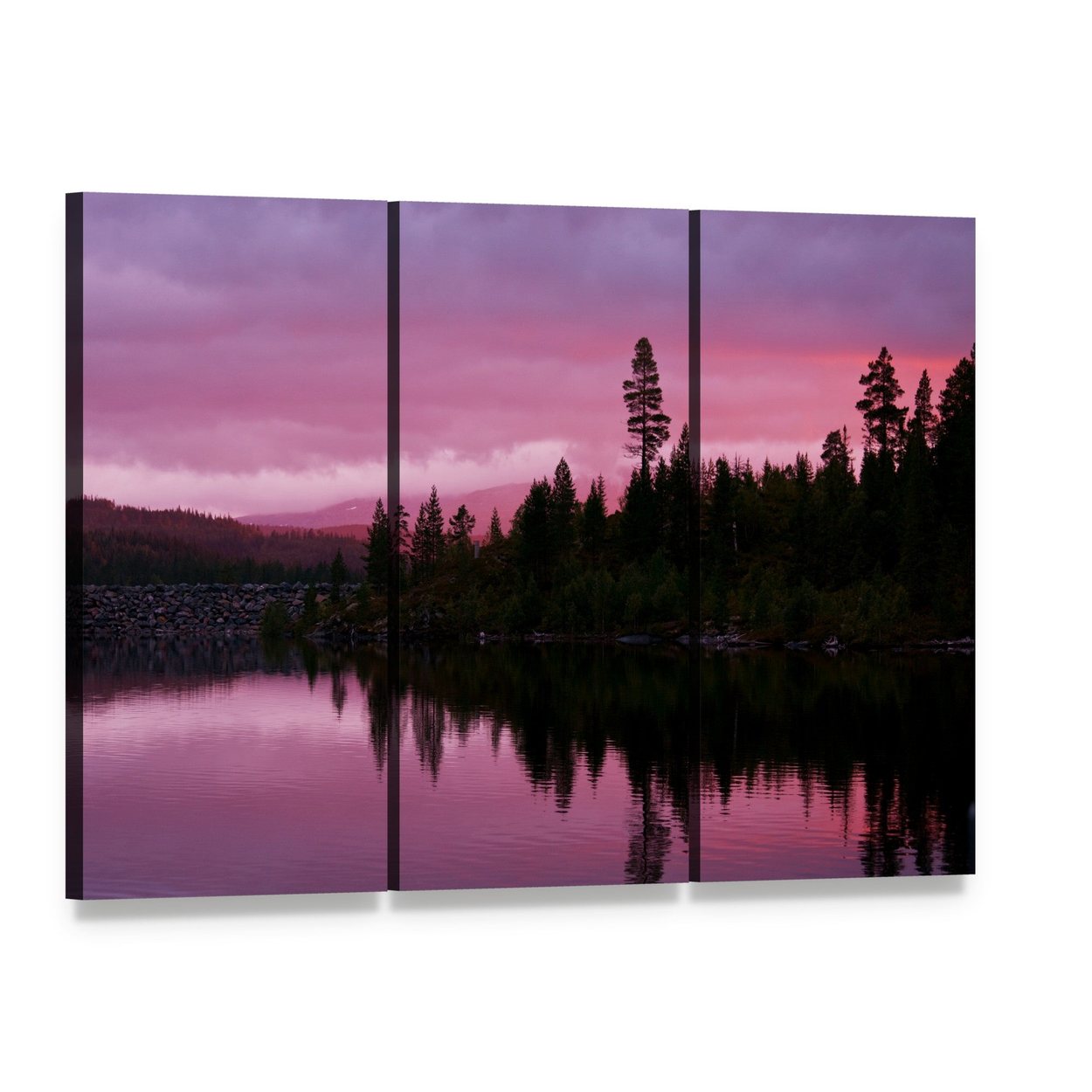 Purple Sunrise Over Lake Canvas Wall Art, 3 panel 3 Horizontal layout gallery wrapped canvas set, angled product view