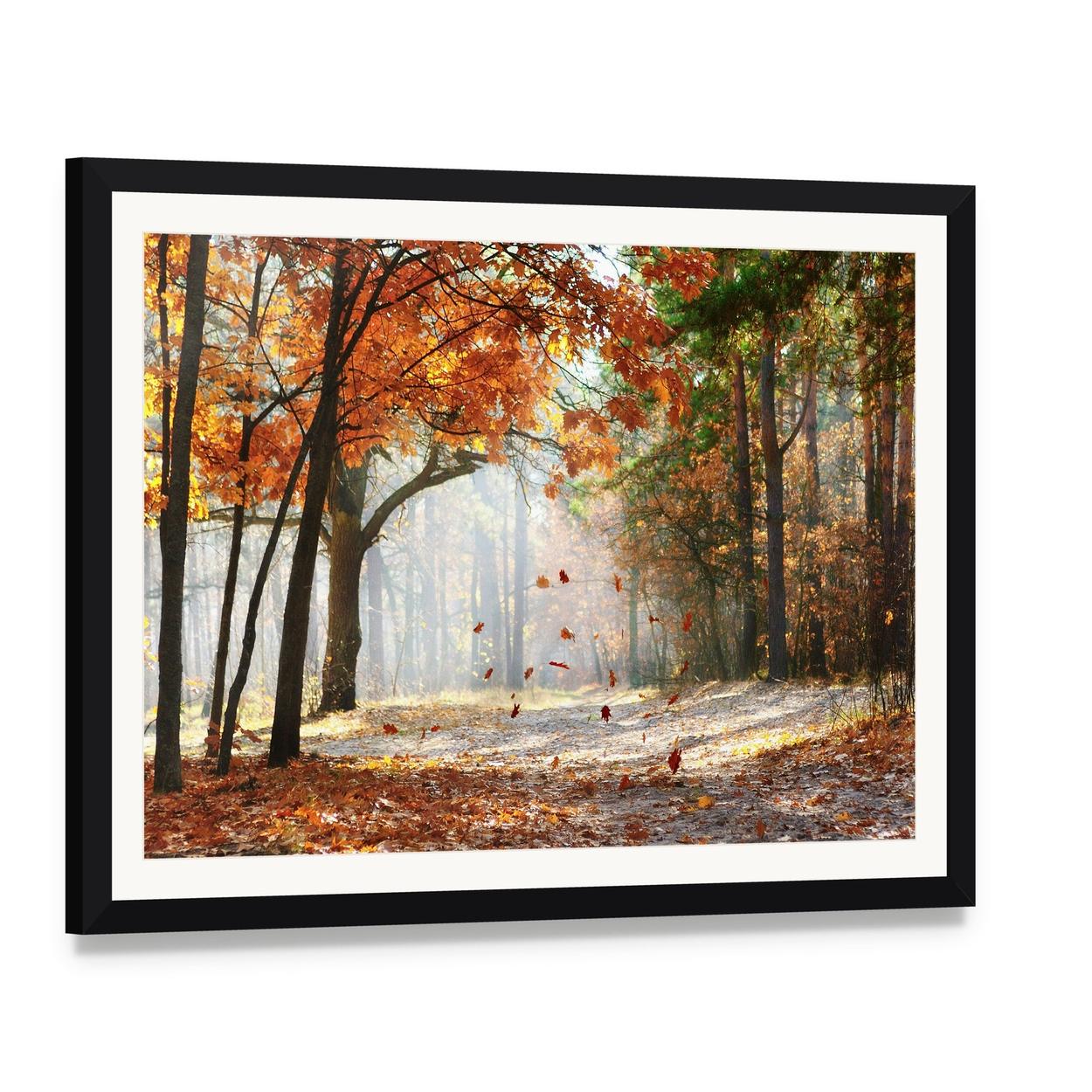 Falling Oak Leaves Canvas Wall Art, framed print with white mat and black frame, angled product view