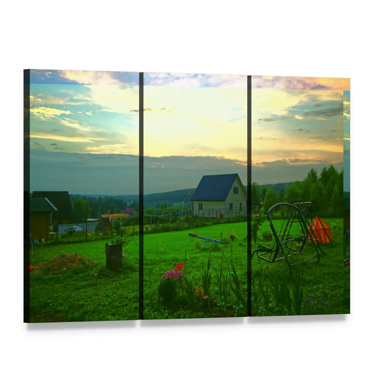 Summer Sunset at a Russian House Canvas Wall Art, 3 panel 3 Horizontal layout gallery wrapped canvas set, angled product view