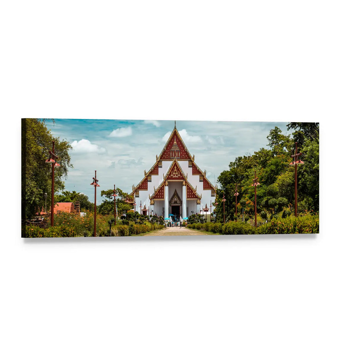 Ornate Thai Buddhist Temple Panoramic Canvas Wall Art, single panel gallery wrapped canvas, angled product view