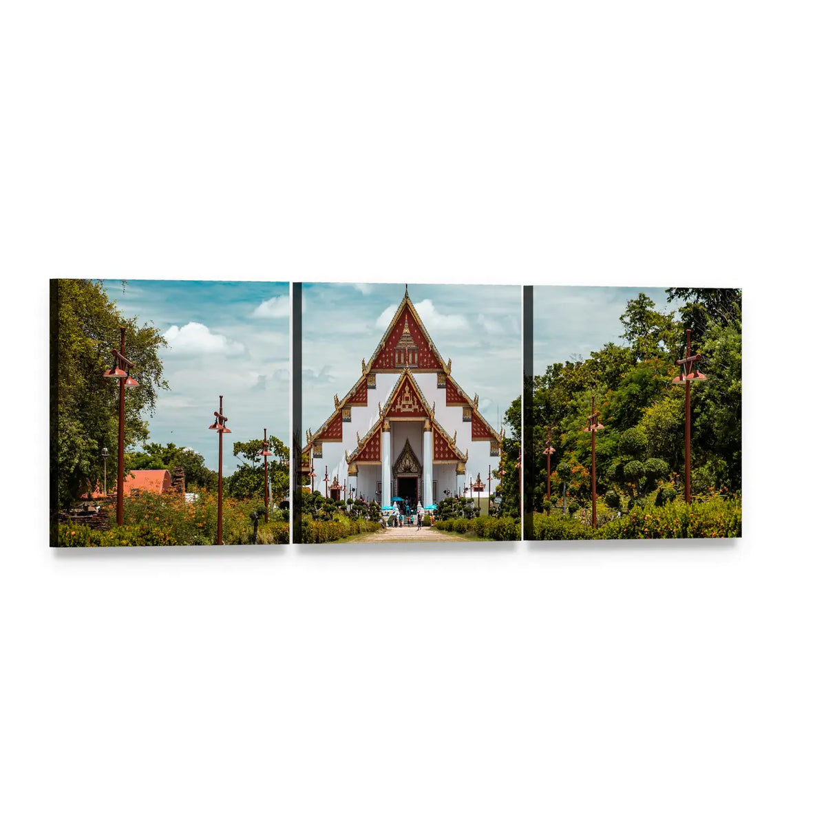 Ornate Thai Buddhist Temple Panoramic Canvas Wall Art, 3 panel 3 Piece layout gallery wrapped canvas set, angled product view