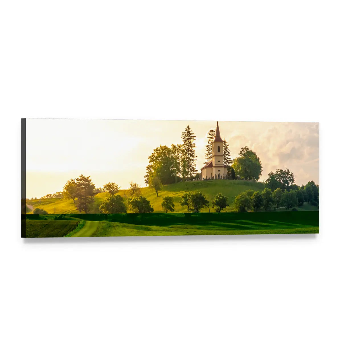 Saint Peter and Pauls Church in Czech Countryside Panoramic Canvas Wall Art, single panel gallery wrapped canvas, angled product view