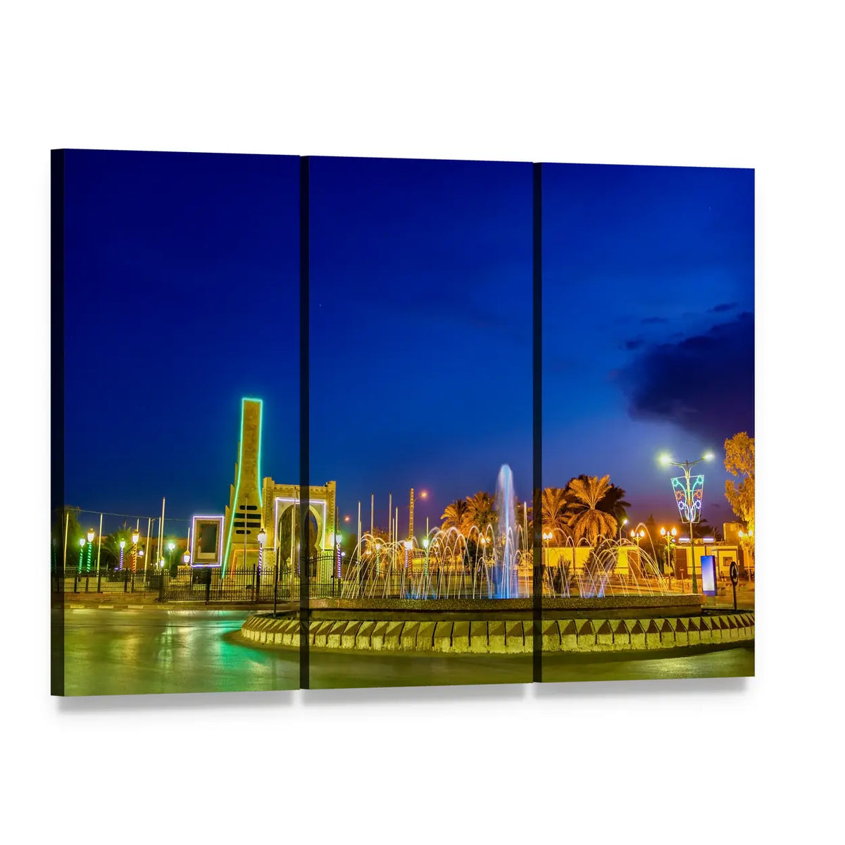 Night Fountain in City Square Canvas Wall Art, 3 panel 3 Horizontal layout gallery wrapped canvas set, angled product view