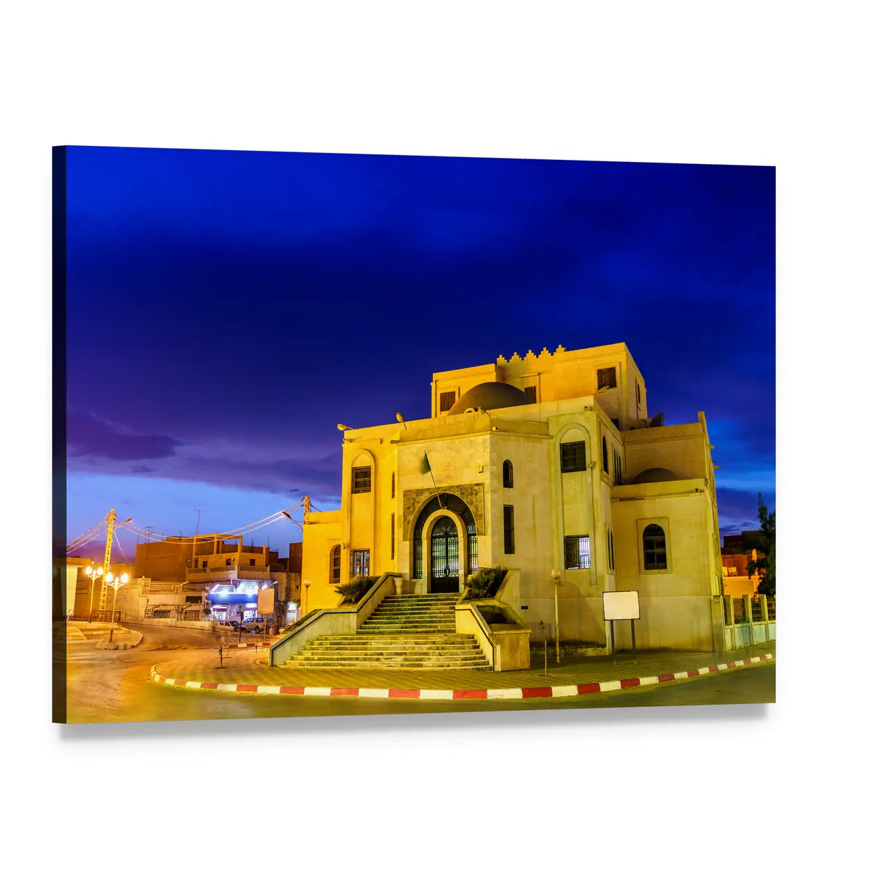 Illuminated Stone Building with Arched Entrance Canvas Wall Art, single panel gallery wrapped canvas, angled product view