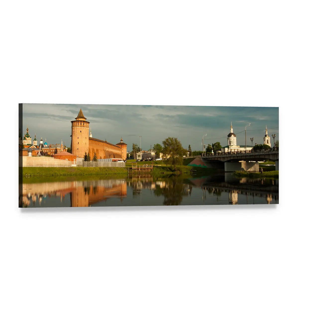 Marinkin Tower with Church by River Panoramic Canvas Wall Art, single panel gallery wrapped canvas, angled product view
