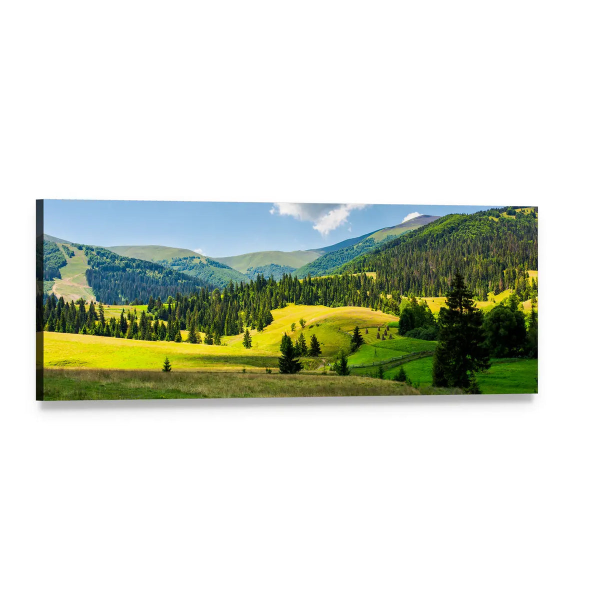 Alpine Meadow and Mountain Range Panoramic Canvas Wall Art, single panel gallery wrapped canvas, angled product view
