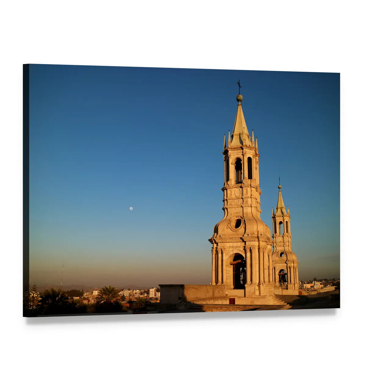Bell Tower with Moon at Sunset Canvas Wall Art, single panel gallery wrapped canvas, angled product view