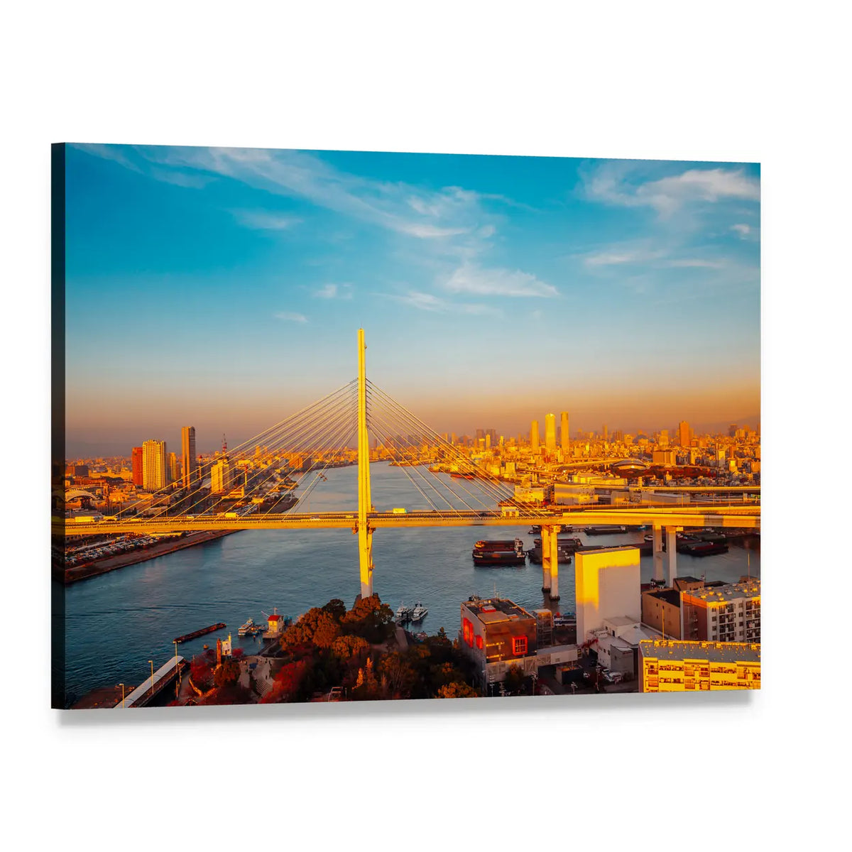 Osaka Port Bridge and Cityscape Canvas Wall Art, single panel gallery wrapped canvas, angled product view