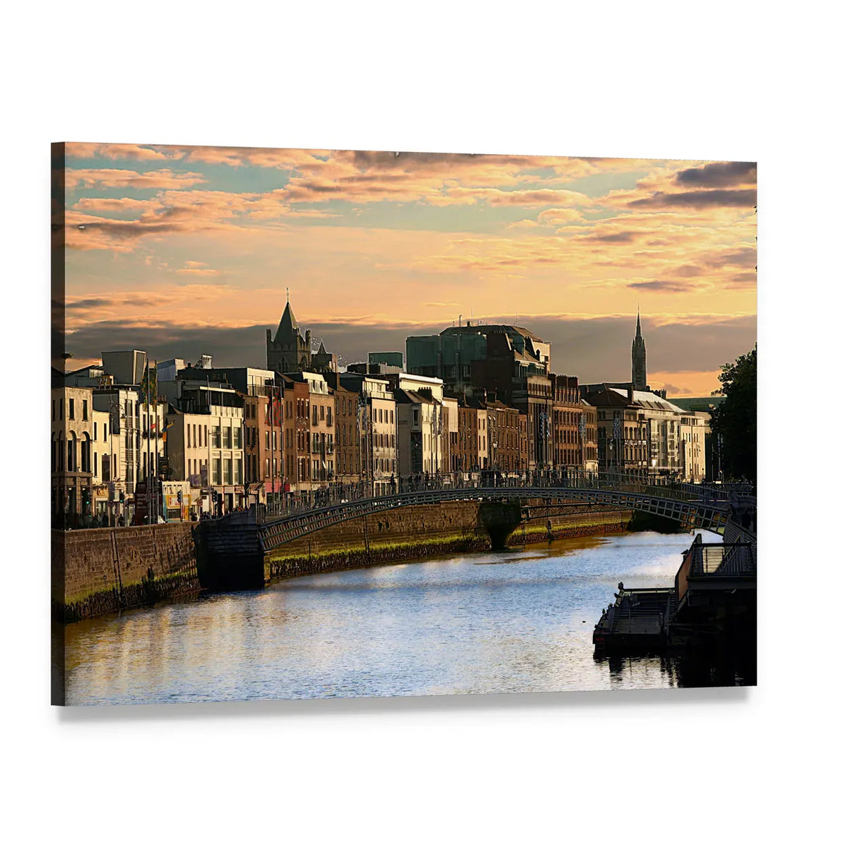 Ha'penny Bridge Over River Liffey at Sunset Canvas Wall Art, single panel gallery wrapped canvas, angled product view