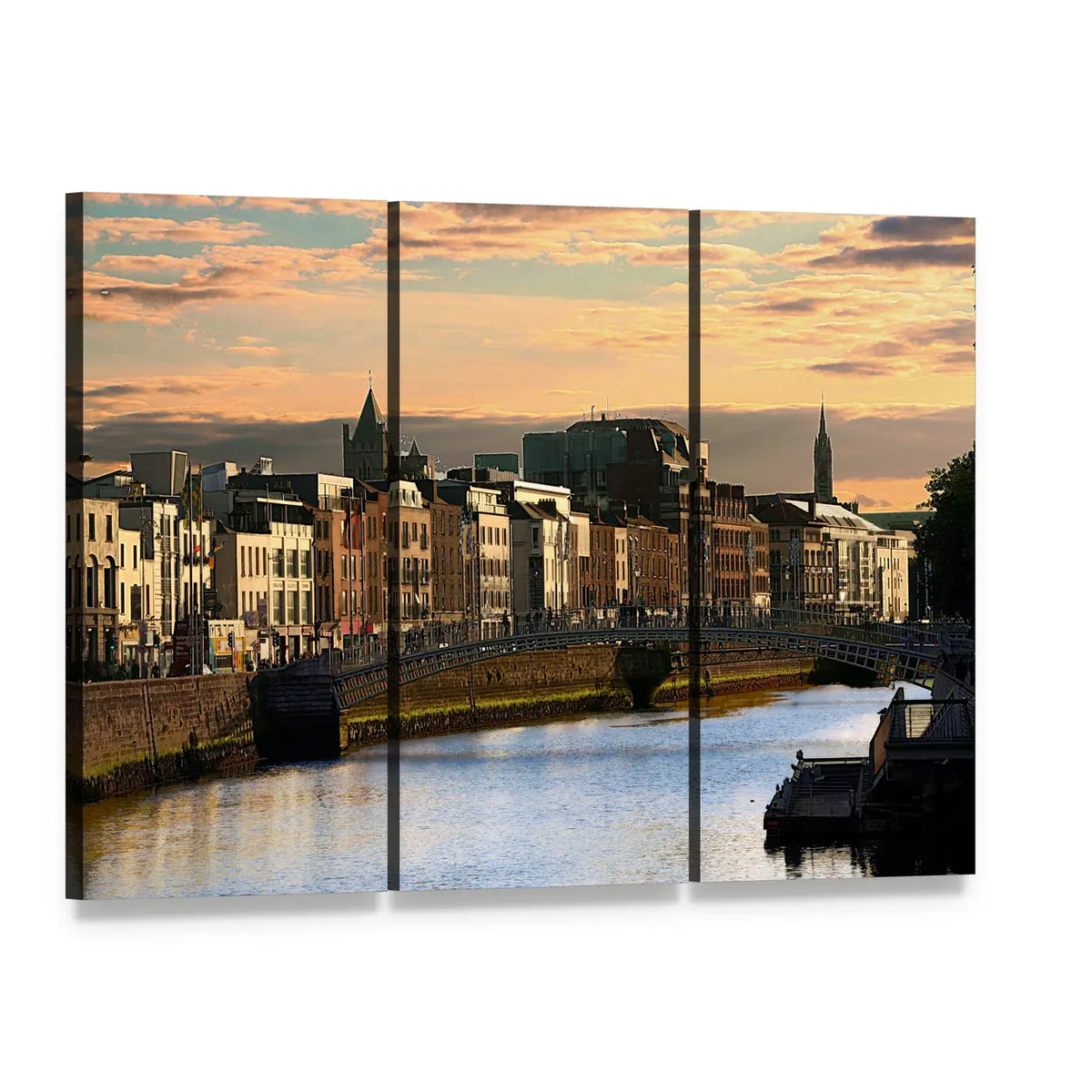 River Liffey at Sunset, Dublin Canvas Wall Art, 3 panel 3 Horizontal layout gallery wrapped canvas set, angled product view
