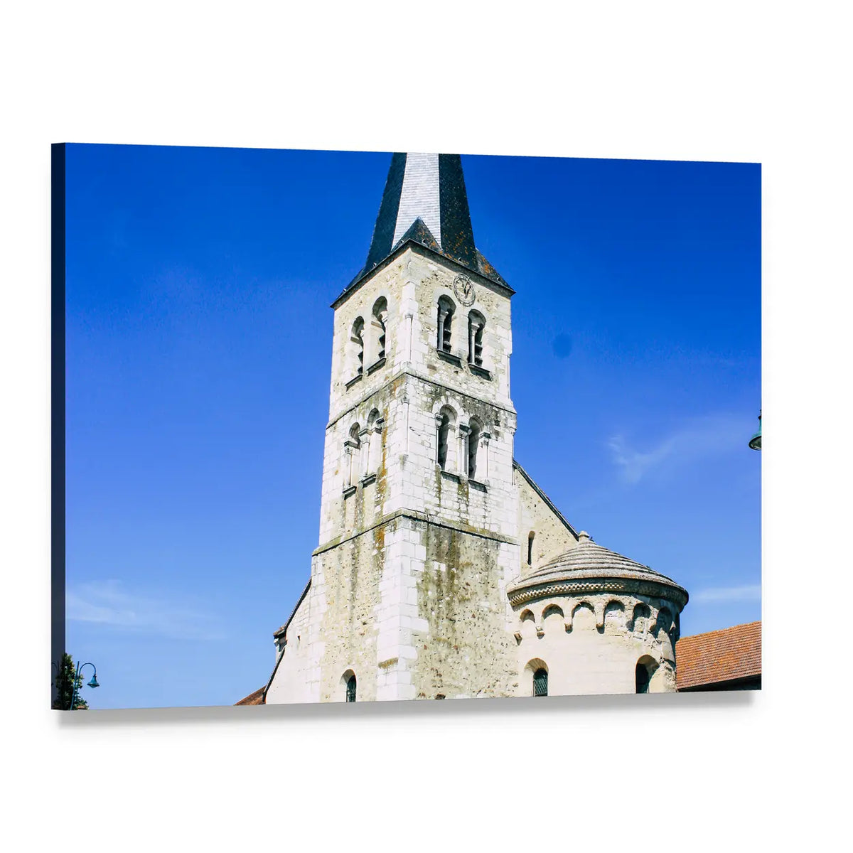 Historic Church with Steeple and Arched Windows Canvas Wall Art, single panel gallery wrapped canvas, angled product view