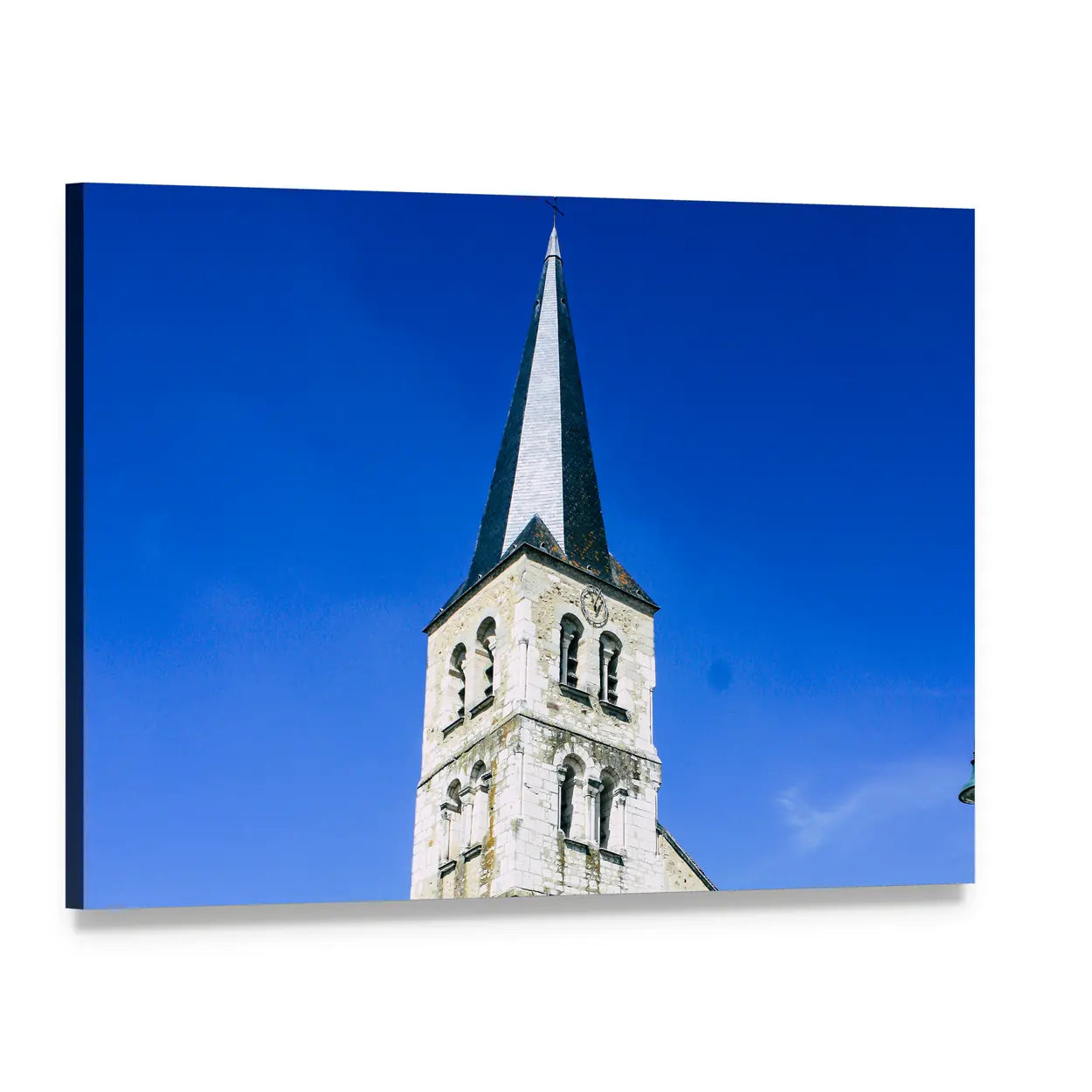 Historic Church with Steeple and Arched Windows Canvas Wall Art, single panel gallery wrapped canvas, angled product view