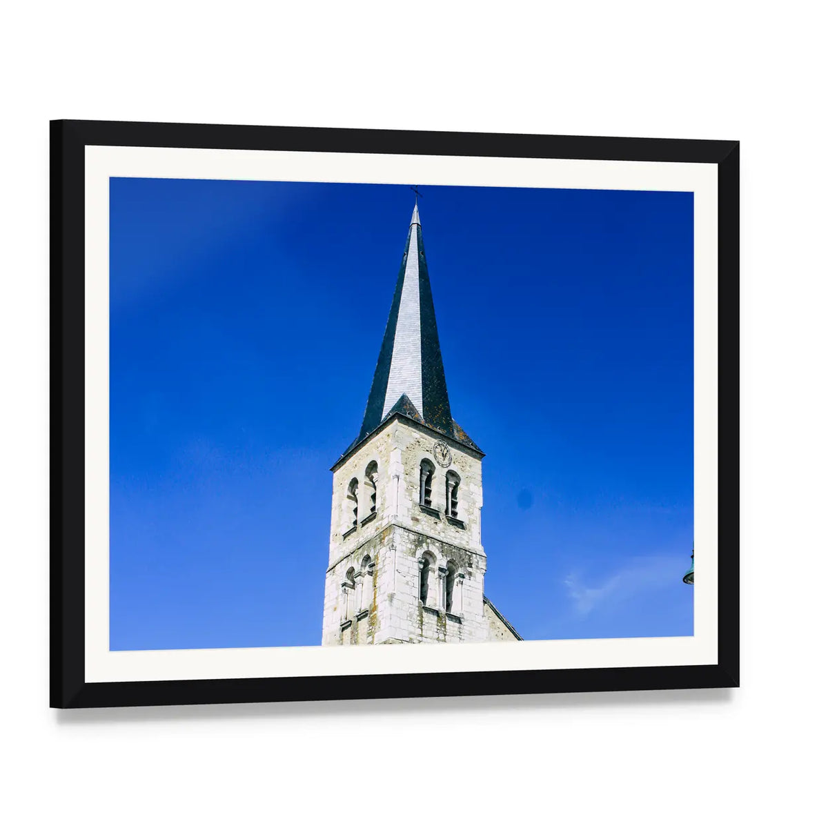 Historic Church with Steeple and Arched Windows Canvas Wall Art, framed print with white mat and black frame, angled product view