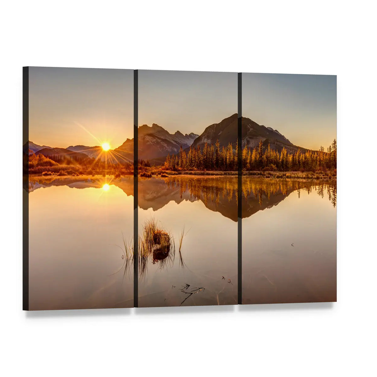 Sunrise Over Vermilion Lakes Canvas Wall Art, 3 panel 3 Horizontal layout gallery wrapped canvas set, angled product view