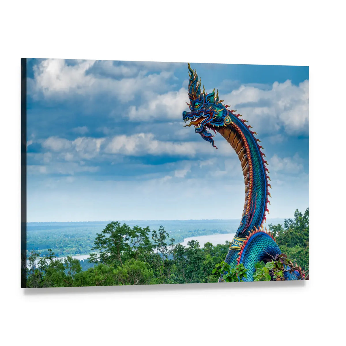 Giant Thai Naga Statue Canvas Wall Art, single panel gallery wrapped canvas, angled product view