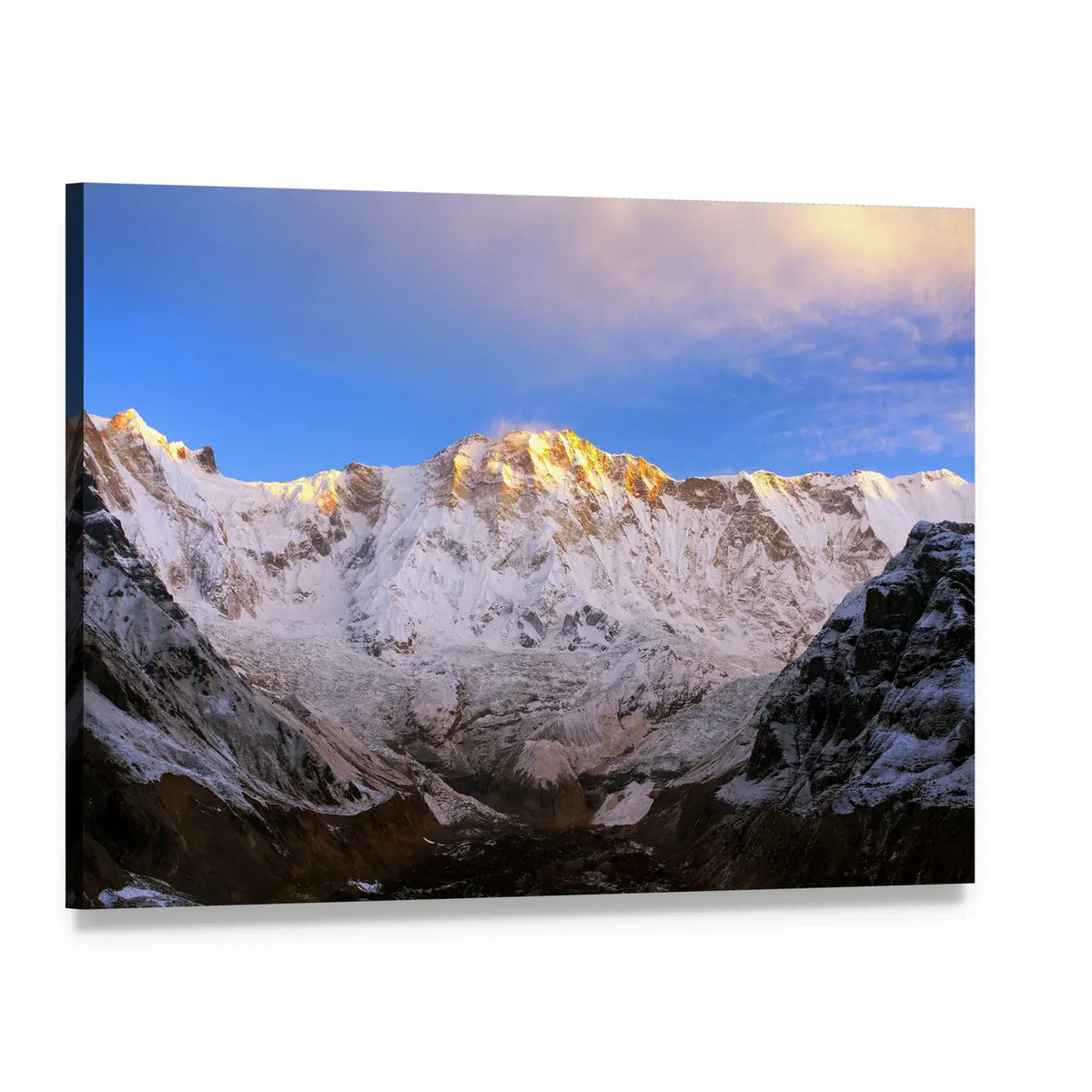 Annapurna Massif Snowy Peaks Canvas Wall Art, single panel gallery wrapped canvas, angled product view