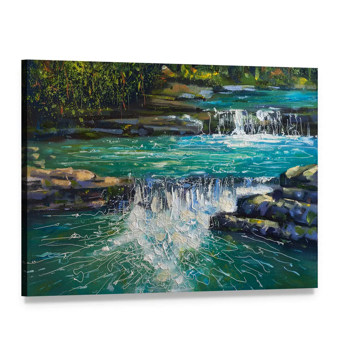Textured Green Waterfall Painting Canvas Wall Art, single panel gallery wrapped canvas, angled product view
