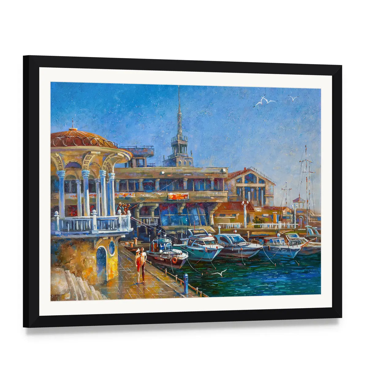 Sochi Harbor with Docked Boats Canvas Wall Art, framed print with white mat and black frame, angled product view