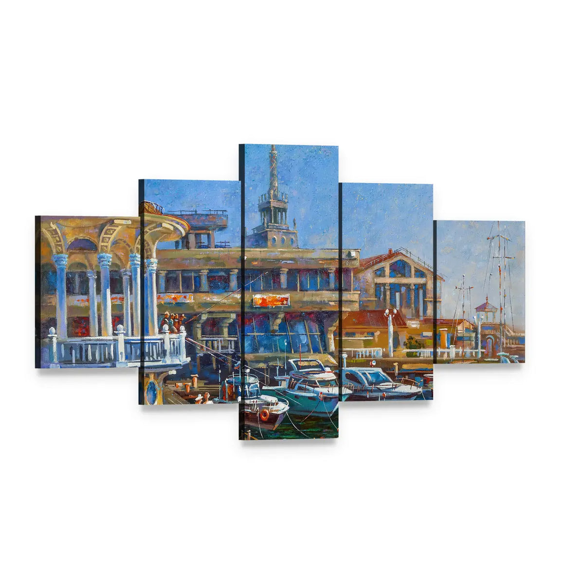 Sochi Harbor with Docked Boats Canvas Wall Art, 5 panel 5 Star layout gallery wrapped canvas set, angled product view